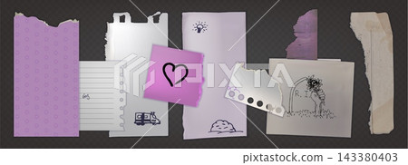 Torn paper notebook pieces and note scraps. Torn paper notebook pieces and note scraps. 143380403