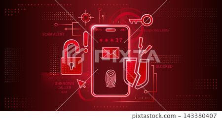 Mobile phone with red phishing alert warning 143380407