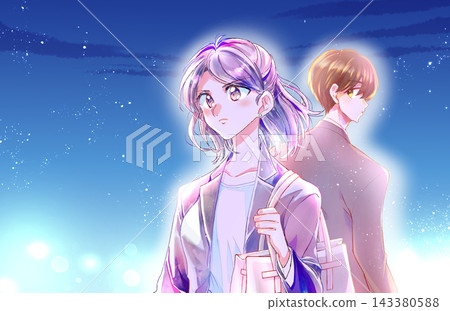 一男一女身著西裝，背靠背而立；職業人士；神情嚴肅；夜晚。 143380588