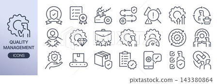 Quality management line icon set. Includes TQM, quality control, quality assurance, audit, compliance, continuous improvement, and more. Quality management line icon set. Includes TQM, quality control, quality assurance, audit, compliance, continuous improvement, and more. 143380864
