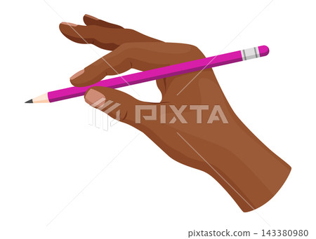 Dark-skinned hand holding pink pencil writing on blank page with angled wrist and relaxed fingers close-up 143380980