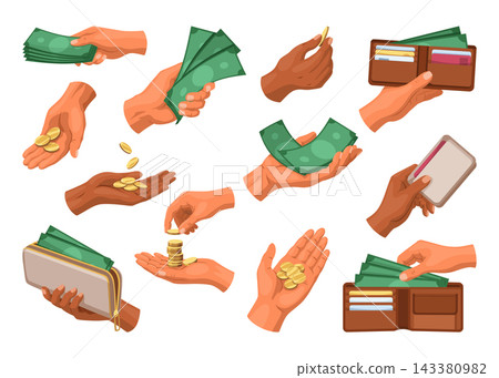 Hands exchanging cash coins and bills with wallet and smartphone in colorful gestures set for money transfer, payment and exchange at checkout, budgeting and saving Hands exchanging cash coins and bills with wallet and smartphone in colorful gestures set for money transfer, payment and exchange at checkout, budgeting and saving 143380982
