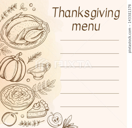 Hand Drawn Thanksgiving Menu Template with Turkey and Pumpkin Hand Drawn Thanksgiving Menu Template with Turkey and Pumpkin 143381376