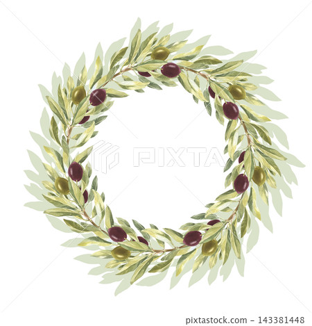 A watercolor postcard featuring olive tree branches with green and black olives. The hand drawn illustration is suitable for packaging design and presentations. A watercolor postcard featuring olive tree branches with green and black olives. The hand drawn illustration is suitable for packaging design and presentations. 143381448