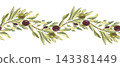A seamless pattern featuring olive tree branches with fruits. A hand drawn watercolor illustration. Suitable for printing on tablecloth fabric and for packaging design. 143381449