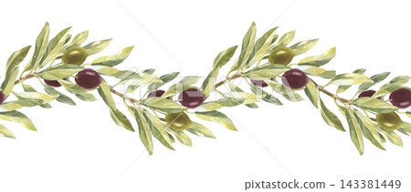 A seamless pattern featuring olive tree branches with fruits. A hand drawn watercolor illustration. Suitable for printing on tablecloth fabric and for packaging design. A seamless pattern featuring olive tree branches with fruits. A hand drawn watercolor illustration. Suitable for printing on tablecloth fabric and for packaging design. 143381449