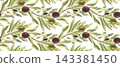 A seamless pattern featuring olive tree branches with fruits. A hand drawn watercolor illustration. Suitable for printing on tablecloth fabric and for packaging design. 143381450