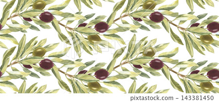 A seamless pattern featuring olive tree branches with fruits. A hand drawn watercolor illustration. Suitable for printing on tablecloth fabric and for packaging design. A seamless pattern featuring olive tree branches with fruits. A hand drawn watercolor illustration. Suitable for printing on tablecloth fabric and for packaging design. 143381450