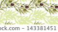 A seamless pattern featuring olive tree branches with fruits. A hand drawn watercolor illustration. Suitable for printing on tablecloth fabric and for packaging design. 143381451