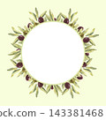 A watercolor postcard featuring olive tree branches with green and black olives. The hand drawn illustration is suitable for packaging design and presentations. 143381468