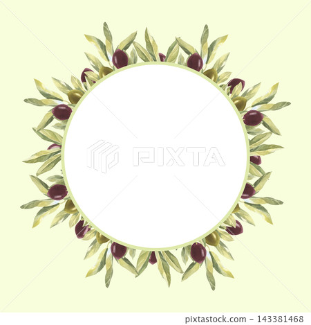 A watercolor postcard featuring olive tree branches with green and black olives. The hand drawn illustration is suitable for packaging design and presentations. A watercolor postcard featuring olive tree branches with green and black olives. The hand drawn illustration is suitable for packaging design and presentations. 143381468