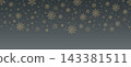 Golden snowflakes and glittering ornaments frame a winter wonderland scene with delicate frost patterns and shimmering holiday decor on white background. 143381511
