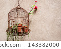 Vintage rusty birdcage used as a planter hanging on a textured wall 143382000