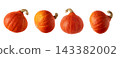 Set of Hokkaido pumpkins isolated on white background. Red kuri squash pumpkin from different angles for autumn harvest, food and seasonal designs. 143382002