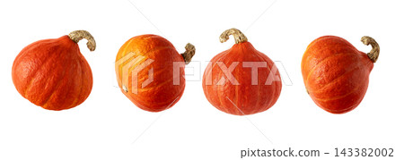 Set of Hokkaido pumpkins isolated on white background. Red kuri squash pumpkin from different angles for autumn harvest, food and seasonal designs. Set of Hokkaido pumpkins isolated on white background. Red kuri squash pumpkin from different angles for autumn harvest, food and seasonal designs. 143382002