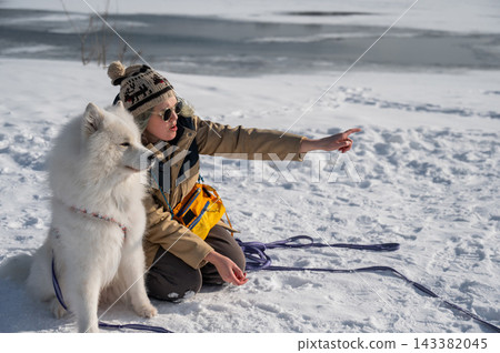 Young woman walking with fluffy samoyed dog in snowy winter park.  143382045