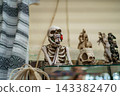 Skeleton figurine resting chin on hand with red rose in mouth 143382470