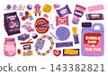 Colorful hand drawn vector illustrations of various sweets and chewing gums. Wrapped and packaged sweets, bubble gums, gummy candies, toffees, lollipops, desserts, jelly fruity and peppermint treats. 143382821