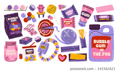 Colorful hand drawn vector illustrations of various sweets and chewing gums. Wrapped and packaged sweets, bubble gums, gummy candies, toffees, lollipops, desserts, jelly fruity and peppermint treats. Colorful hand drawn vector illustrations of various sweets and chewing gums. Wrapped and packaged sweets, bubble gums, gummy candies, toffees, lollipops, desserts, jelly fruity and peppermint treats. 143382821