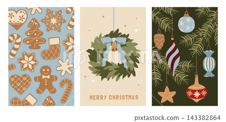 Merry Christmas greeting cards with pine tree branch and vintage baubles, floral wreath, gingerbread cookies for party invitation Merry Christmas greeting cards with pine tree branch and vintage baubles, floral wreath, gingerbread cookies for party invitation 143382864