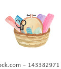 Hand drawn watercolor knitting elements in the basket illustration set. Yarn balls clipart, crafts and Hobbies clip arts. 143382971