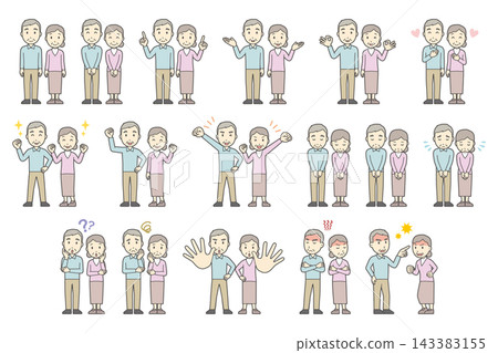 A set of 17 facial expressions and poses for senior men and women (full body). A set of 17 facial expressions and poses for senior men and women (full body). 143383155
