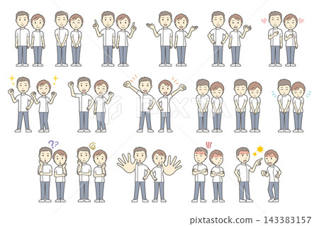 A set of 17 full-body images of men and women in white coats (medical/nursing care) with various facial expressions and poses. A set of 17 full-body images of men and women in white coats (medical/nursing care) with various facial expressions and poses. 143383157