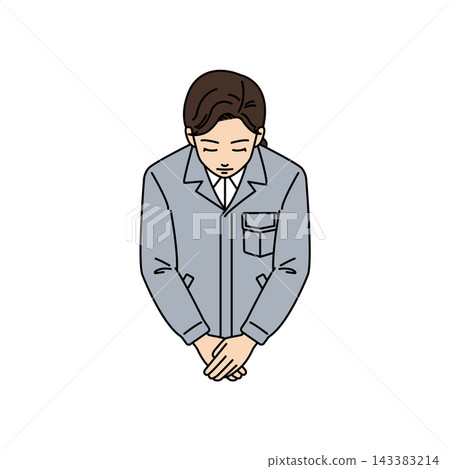 一幅插圖,描繪了一位身穿灰色工作服的女老闆禮貌地鞠躬道歉。 一幅插圖,描繪了一位身穿灰色工作服的女老闆禮貌地鞠躬道歉。 143383214