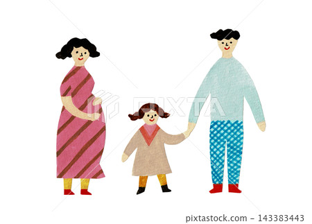 An illustration of a family of three: a pregnant mother, a father, and a baby girl. An illustration of a family of three: a pregnant mother, a father, and a baby girl. 143383443