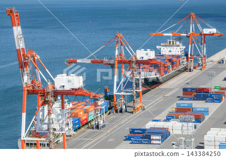 Container ship and gantry crane docked in port Container ship and gantry crane docked in port 143384250
