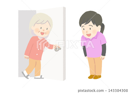 一位身穿polo衫的女士拜訪了一位老年女顧客的家。 143384308