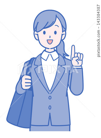 A woman in a suit holding a bag and pointing out a location. A woman in a suit holding a bag and pointing out a location. 143384387