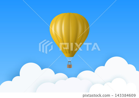 Vector Travel Banner with 3d Realistic Yellow Hot Air Balloon Icon on a Blue Sky Background. Design Template, Summer Vacation, Travelling, Tourism and Journey Concept Vector Travel Banner with 3d Realistic Yellow Hot Air Balloon Icon on a Blue Sky Background. Design Template, Summer Vacation, Travelling, Tourism and Journey Concept 143384609