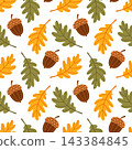 White Background Oak Leaf Acorn Seamless Pattern Hand Drawn Flat 143384845