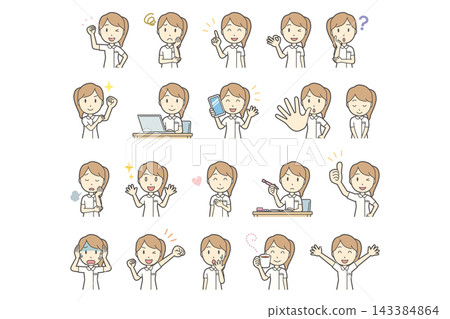 Set of 20 facial expressions and poses of a woman in a white coat (upper body) Set of 20 facial expressions and poses of a woman in a white coat (upper body) 143384864