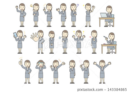 A set of 20 different facial expressions and poses of a woman in a gray suit (full body). A set of 20 different facial expressions and poses of a woman in a gray suit (full body). 143384865