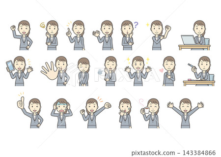 Set of 20 facial expressions and poses of a woman in a gray suit (upper body) Set of 20 facial expressions and poses of a woman in a gray suit (upper body) 143384866
