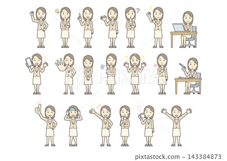 A set of 20 different facial expressions and poses of a woman in a beige suit (full body). A set of 20 different facial expressions and poses of a woman in a beige suit (full body). 143384873