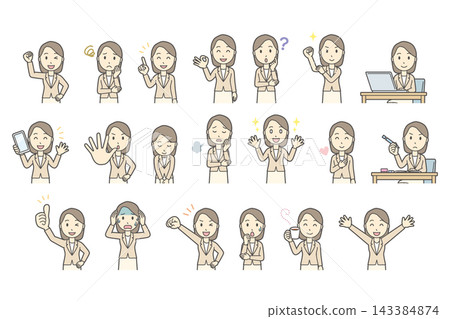 A set of 20 different facial expressions and poses of a woman in a beige suit (upper body). A set of 20 different facial expressions and poses of a woman in a beige suit (upper body). 143384874