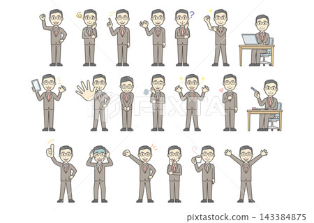 A set of 20 facial expressions and poses (full body) of a middle-aged man in a suit. A set of 20 facial expressions and poses (full body) of a middle-aged man in a suit. 143384875