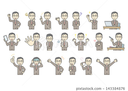 A set of 20 facial expressions and poses for a middle-aged man in a suit (upper body). A set of 20 facial expressions and poses for a middle-aged man in a suit (upper body). 143384876