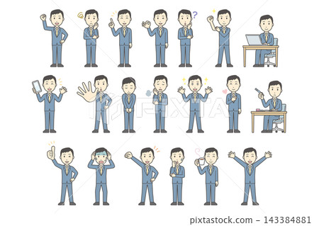 A set of 20 different facial expressions and poses (full body) of a man in a blue suit. A set of 20 different facial expressions and poses (full body) of a man in a blue suit. 143384881