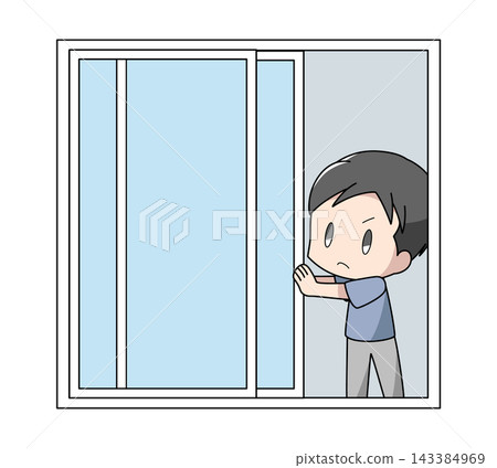 Illustration of a man opening a window in his house Illustration of a man opening a window in his house 143384969