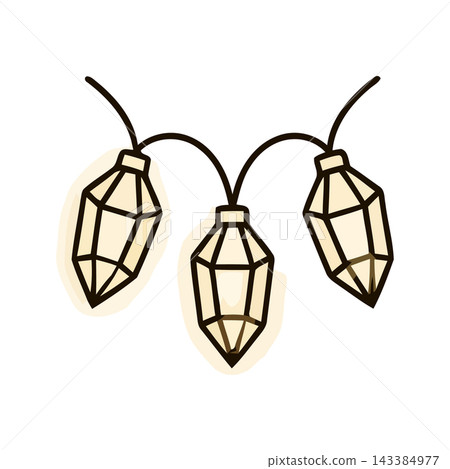 A charming hand-drawn illustration of a string of faceted crystal-shaped lights with a gentle, warm glow. A charming hand-drawn illustration of a string of faceted crystal-shaped lights with a gentle, warm glow. 143384977