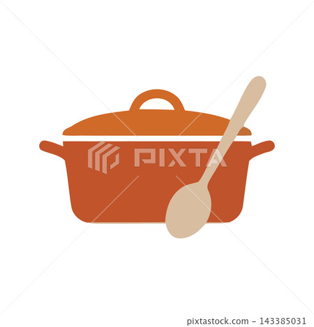 Simple illustration of a cooking pot and spoon, representing food preparation and kitchen tools. Simple illustration of a cooking pot and spoon, representing food preparation and kitchen tools. 143385031