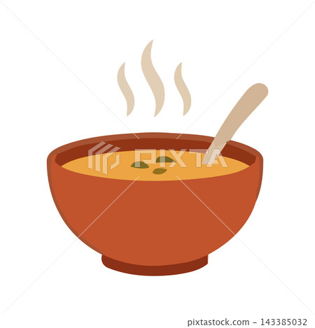 A warm, inviting illustration of a terracotta bowl filled with steaming soup and a spoon, perfect for cozy meals. A warm, inviting illustration of a terracotta bowl filled with steaming soup and a spoon, perfect for cozy meals. 143385032