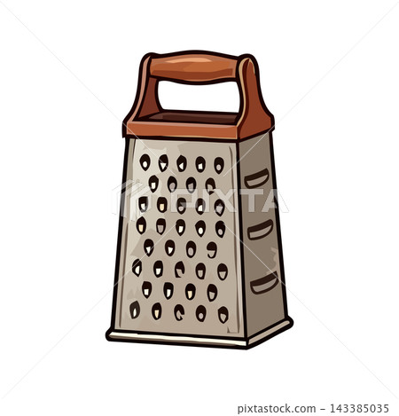 A cartoon illustration of a four-sided metal kitchen grater with a wooden handle, perfect for food preparation and cooking themes. A cartoon illustration of a four-sided metal kitchen grater with a wooden handle, perfect for food preparation and cooking themes. 143385035