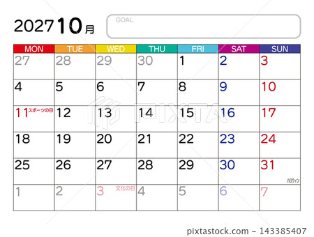 October 2027 Calendar (Monday Start) October 2027 Calendar (Monday Start) 143385407