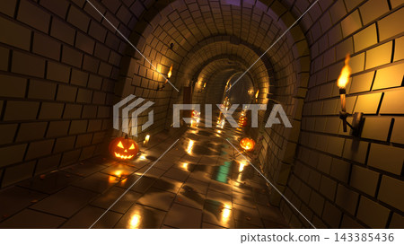 3D render of a spooky stone brick dungeon tunnel lit by wall torches, with glowing jack o lantern pumpkins, candles, a spider and a skeleton for Halloween. 3D render of a spooky stone brick dungeon tunnel lit by wall torches, with glowing jack o lantern pumpkins, candles, a spider and a skeleton for Halloween. 143385436