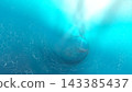 3D render of a swirling turquoise underwater tunnel with glowing caustic light patterns on the walls and bright sunlight from above, abstract aqua background. 143385437